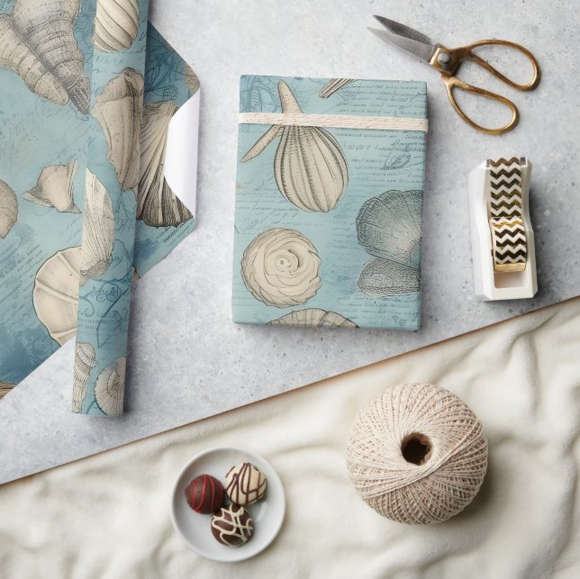 Beautiful Vintage Seashells In Blue Wrapping Paper (Crafts)