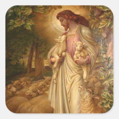 Beautiful Vintage Shepherd Jesus Holding Lambs Square Sticker