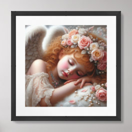 Beautiful vintage sleeping angel girl with roses framed art