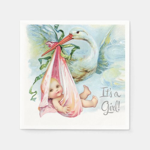 Beautiful Vintage Stork Baby Girl Shower Paper Napkins