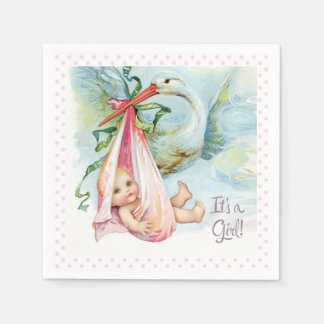 Beautiful Vintage Stork Baby Girl Shower Paper Napkins