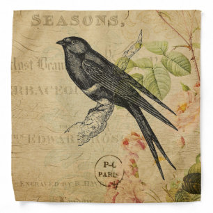 Beautiful Vintage Swallow Bird Floral Collage Bandana