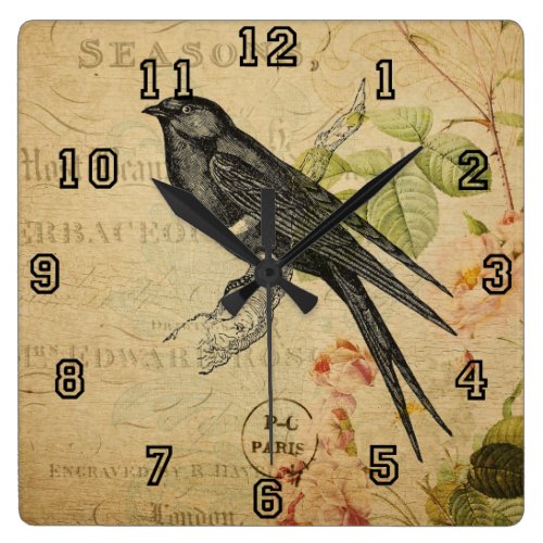Beautiful Vintage Swallow Bird Floral Collage Square Wall Clock