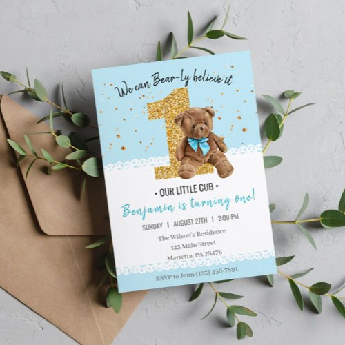 Beautiful Vintage Teddy Bear 1st Birthday Invitation