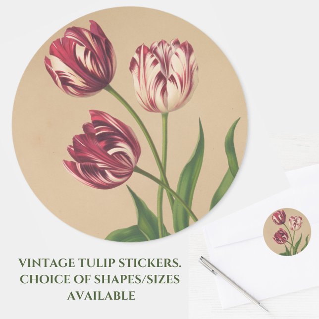 Beautiful Vintage Tulips Stickers (Beautiful vintage burgundy ruffled tulips grace these stickers for cards or crafts. Great for Easter)