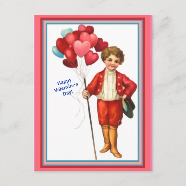 Beautiful Vintage Valentine Boy wi/ Heart Balloons Postcard (Front)