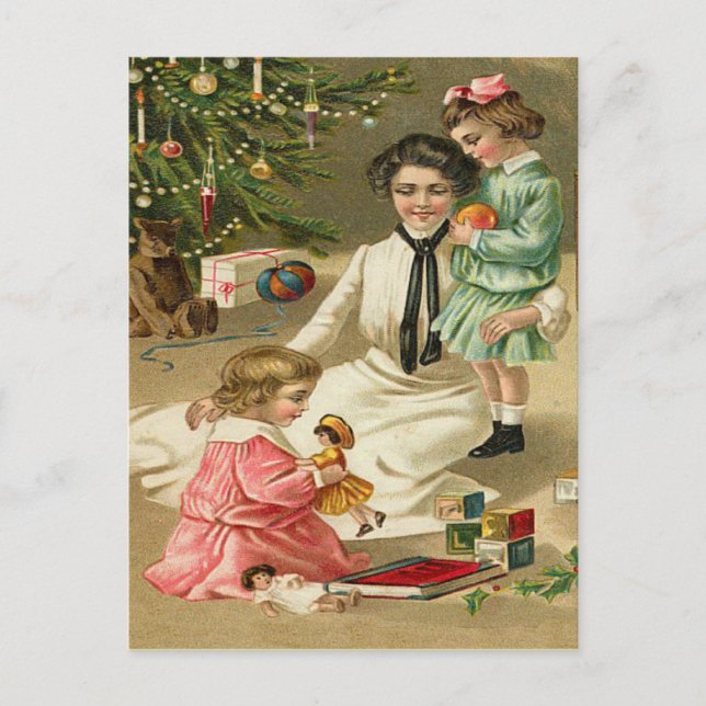 Beautiful Vintage Victorian family Christmas tree Postcard (Front)