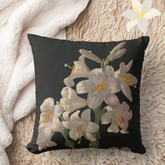 Beautiful Vintage White Easter Lilies Reversible Throw Pillow (An elegant white lily on black pillow to add style and elegance to your décor.)