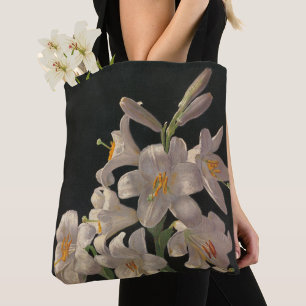 Beautiful Vintage White Lilies on Black Stylish Tote Bag