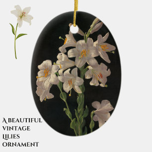 Beautiful Vintage White Lily Flowers on Black Ceramic Ornament