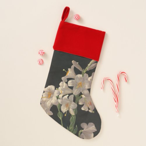 Beautiful Vintage White Lily Flowers on Black Christmas Stocking