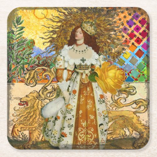 Beautiful Vintage Woman Golden Sun Square Paper Coaster