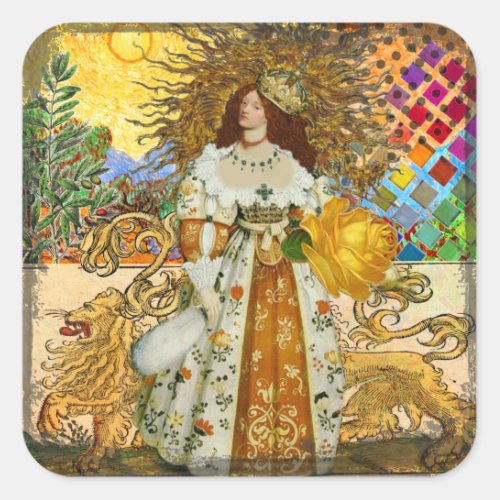 Beautiful Vintage Woman Golden Sun Square Sticker