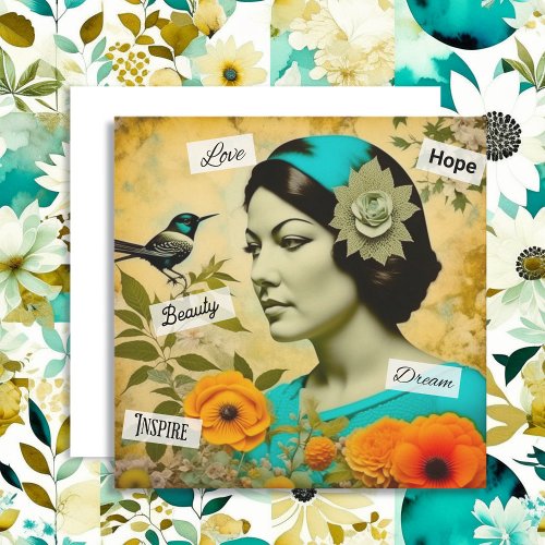 Beautiful Vintage Woman with Bird and Flowers