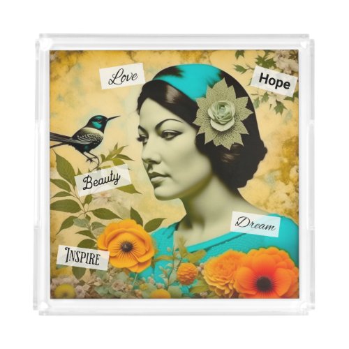 Beautiful Vintage Woman with Bird and Flowers Acrylic Tray