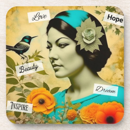 Beautiful Vintage Woman with Bird and Flowers Beverage Coaster