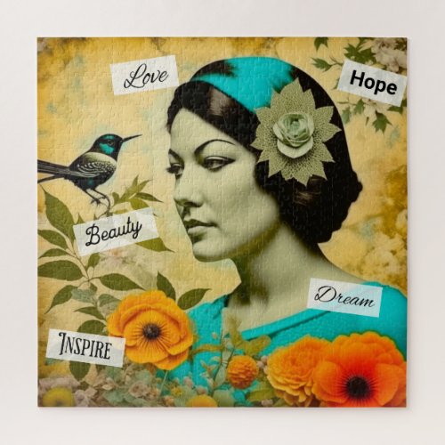 Beautiful Vintage Woman with Bird and Flowers Jigsaw Puzzle