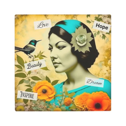 Beautiful Vintage Woman with Bird and Flowers Metal Print