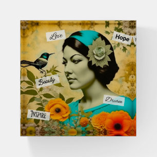 Beautiful Vintage Woman with Bird and Flowers Paperweight