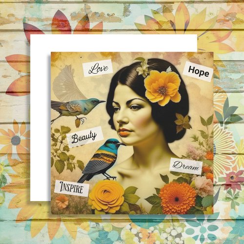 Beautiful Vintage Woman with Birds and Flowers