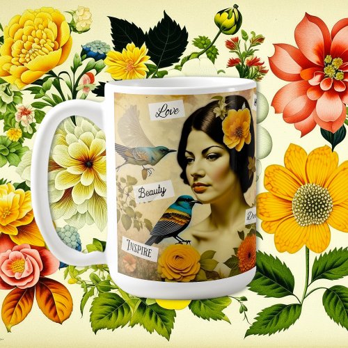 Beautiful Vintage Woman with Birds and Flowers Coffee Mug