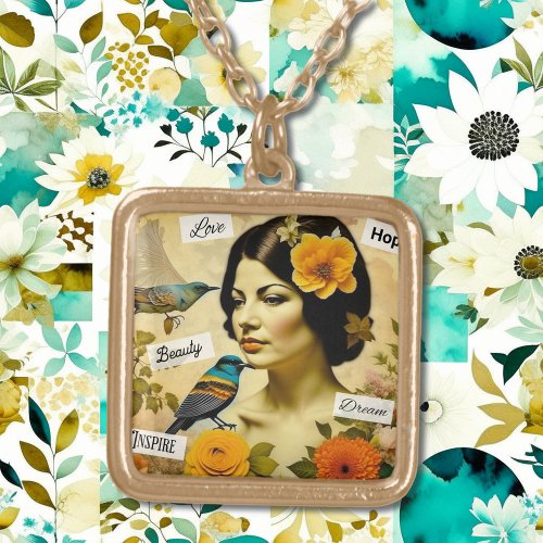 Beautiful Vintage Woman with Birds and Flowers Gold Plated Necklace