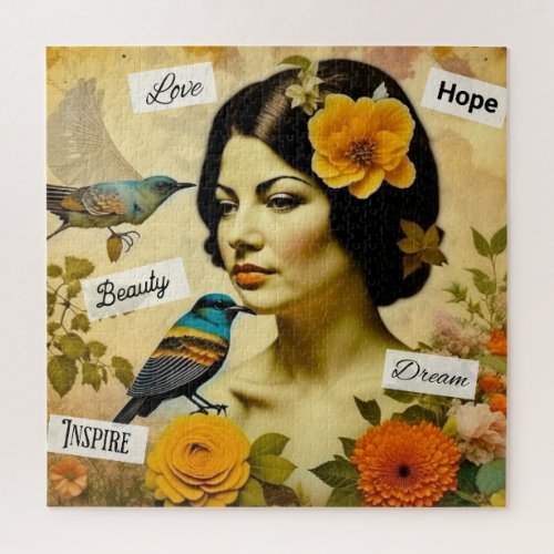 Beautiful Vintage Woman with Birds and Flowers Jigsaw Puzzle