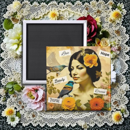 Beautiful Vintage Woman with Birds and Flowers Magnet