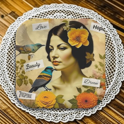 Beautiful Vintage Woman with Birds and Flowers Paper Plates
