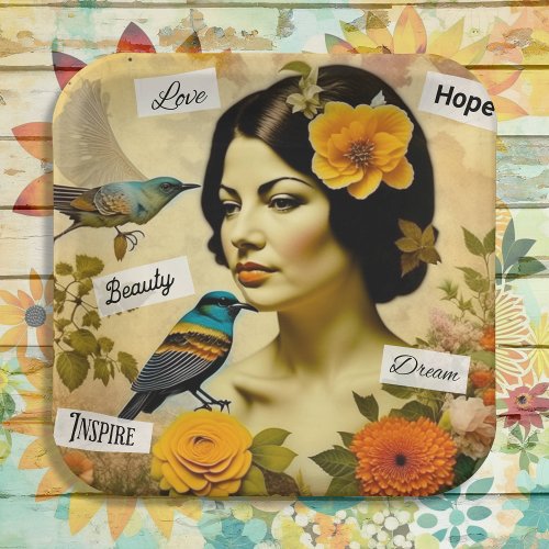 Beautiful Vintage Woman with Birds and Flowers Paper Plates
