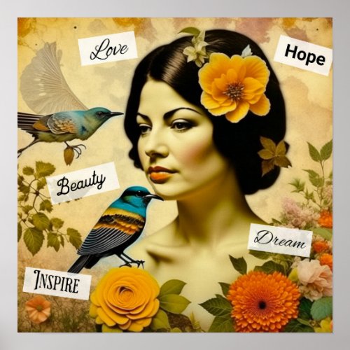 Beautiful Vintage Woman with Birds and Flowers Poster