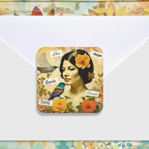 Beautiful Vintage Woman with Birds and Flowers Square Sticker