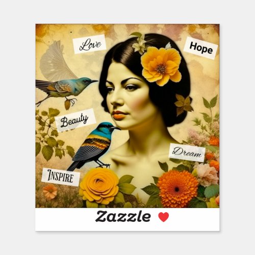 Beautiful Vintage Woman with Birds and Flowers Sticker