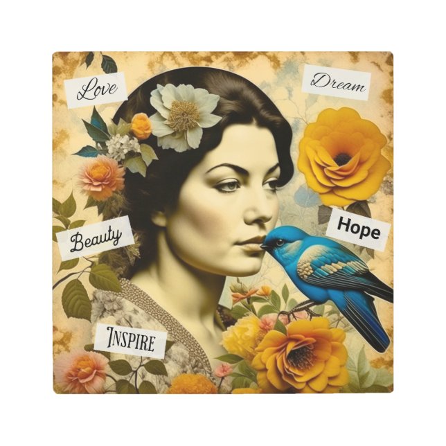 Beautiful Vintage Woman with Bluebird  Metal Print (Front)