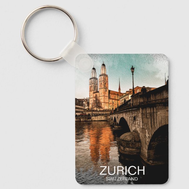 Beautiful Vintage Zurich Switzerland City View Keychain (Front)