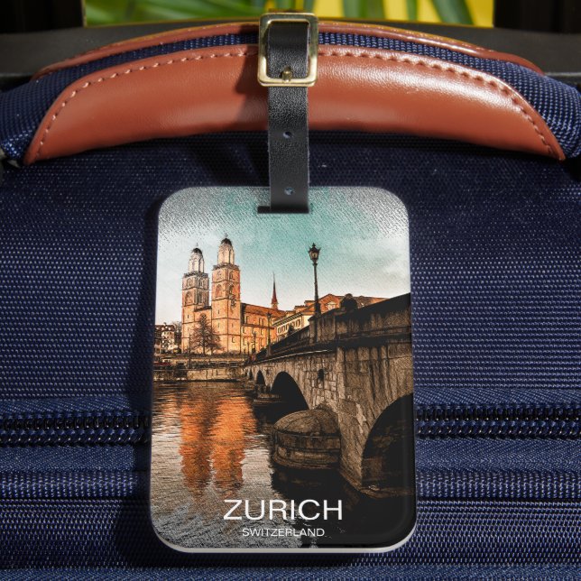 Beautiful Vintage Zurich Switzerland City View Luggage Tag (Front Insitu 2)