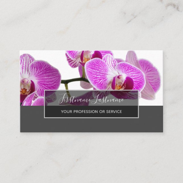 Beautiful violet pink orchid blossoms on gray business card (Front)