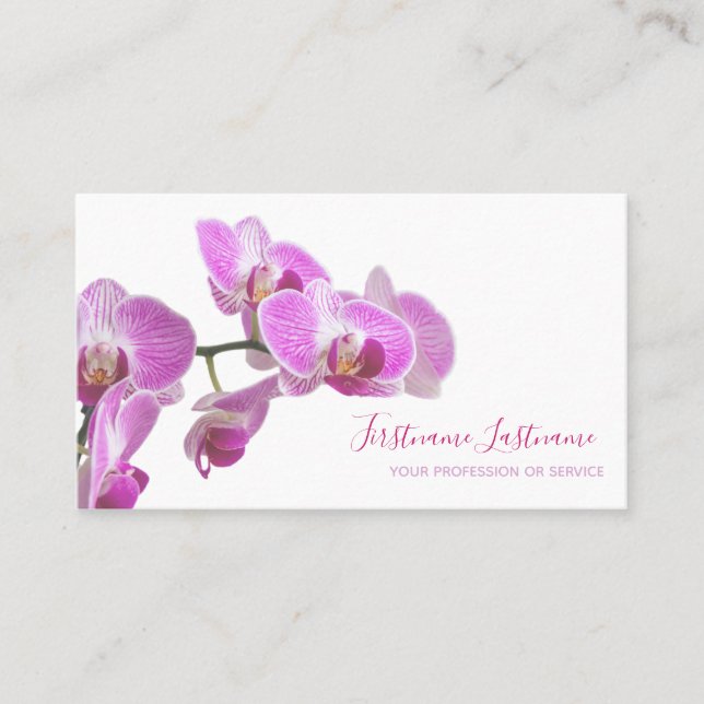 Beautiful violet pink orchid flower on white! busi business card (Front)