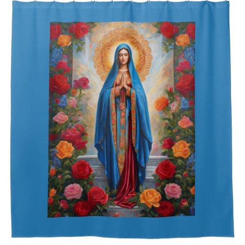 Beautiful Virgin Mary In Blue Robe with Halo Shower Curtain