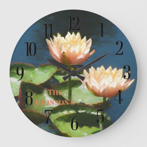 Beautiful Water Lilies Against Blue  Green  Large Clock