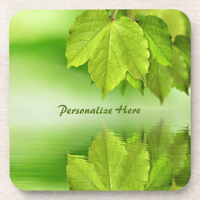 Beautiful Water Reflection Green Leaf Foliage Beverage Coaster (Front)