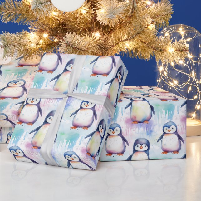 Beautiful Watercolor Baby Penguin Christmas Wrapping Paper (Holidays)
