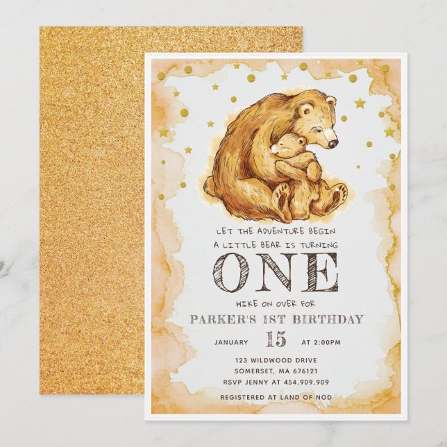 Beautiful Watercolor Bear Birthday Invitation (Front/Back)