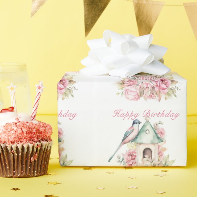 Beautiful Watercolor Birdhouse Pink Flowers   Wrapping Paper (Birthday Party)