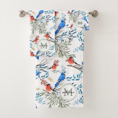 Beautiful Watercolor Birds and Foliage Pattern Bath Towel Set