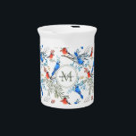 Beautiful Watercolor Birds and Foliage Pattern Beverage Pitcher<br><div class="desc">Beautiful watercolor birds in red and blue and a lovely watercolor foliage with red and blue winter berries pattern.
Amazing watercolor nature pattern with a name monogram.
Personalized by changing the name and the initials,  delete or replace with your logo.</div>