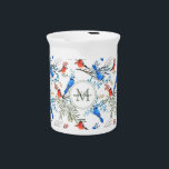 Beautiful Watercolor Birds and Foliage Pattern Beverage Pitcher<br><div class="desc">Beautiful watercolor birds in red and blue and a lovely watercolor foliage with red and blue winter berries pattern.
Amazing watercolor nature pattern with a name monogram.
Personalized by changing the name and the initials,  delete or replace with your logo.</div>