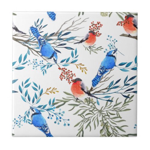 Beautiful Watercolor Birds and Foliage Pattern Ceramic Tile