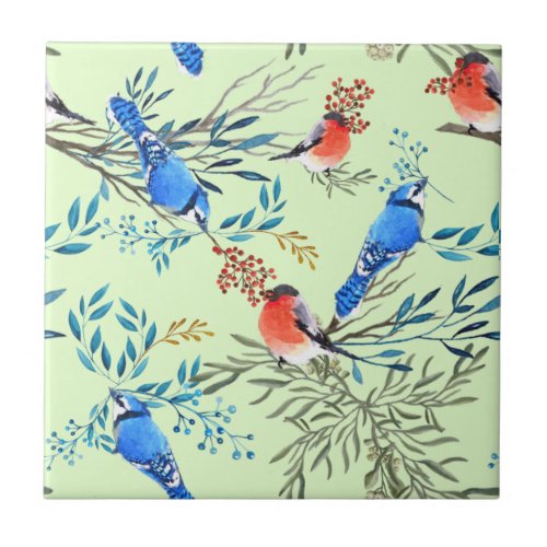 Beautiful Watercolor Birds and Foliage Pattern Ceramic Tile