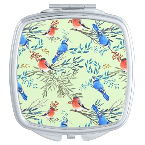 Beautiful Watercolor Birds and Foliage Pattern Compact Mirror